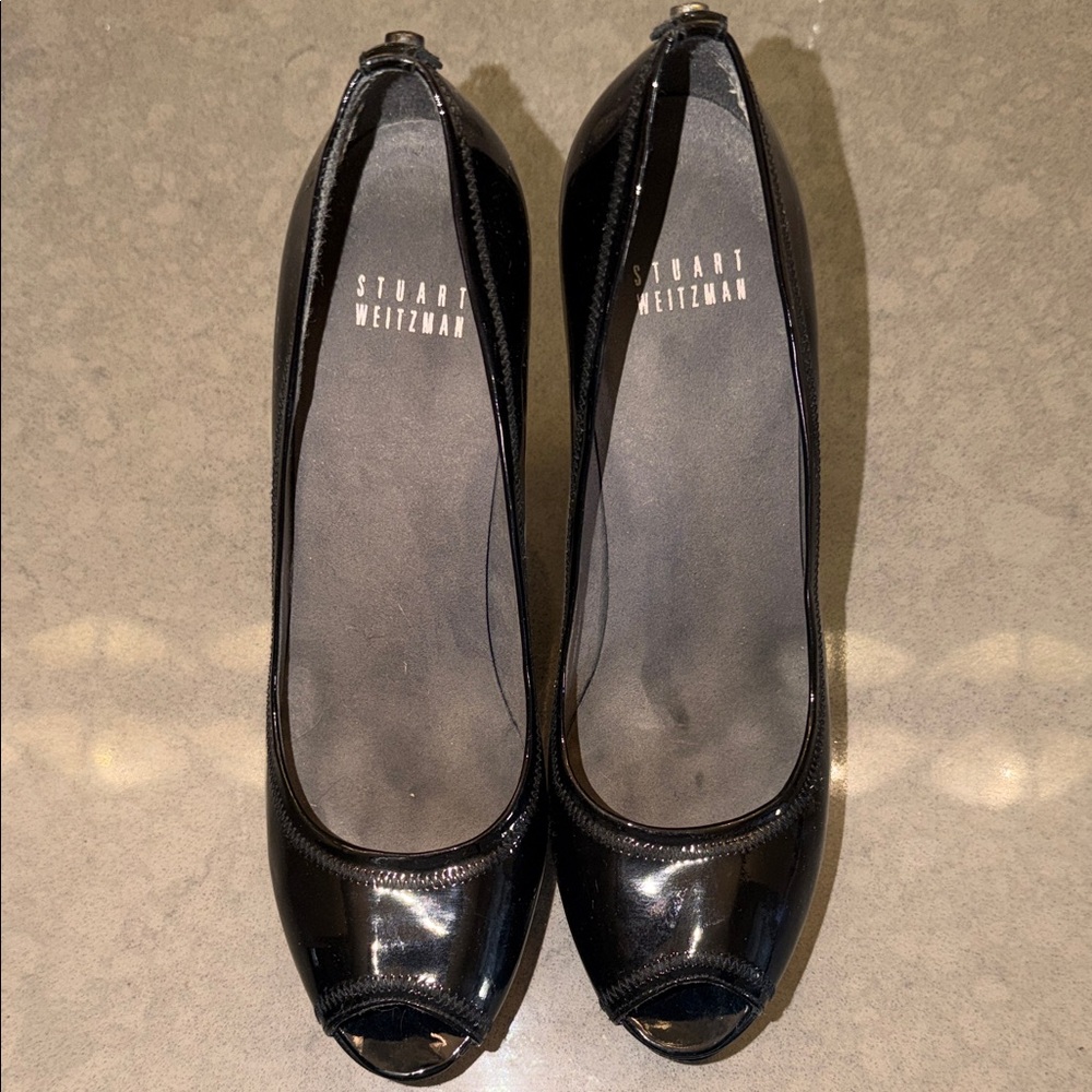 Stuart Weitzman Black Patent Leather Peep Toe Platform Heels | Size 8